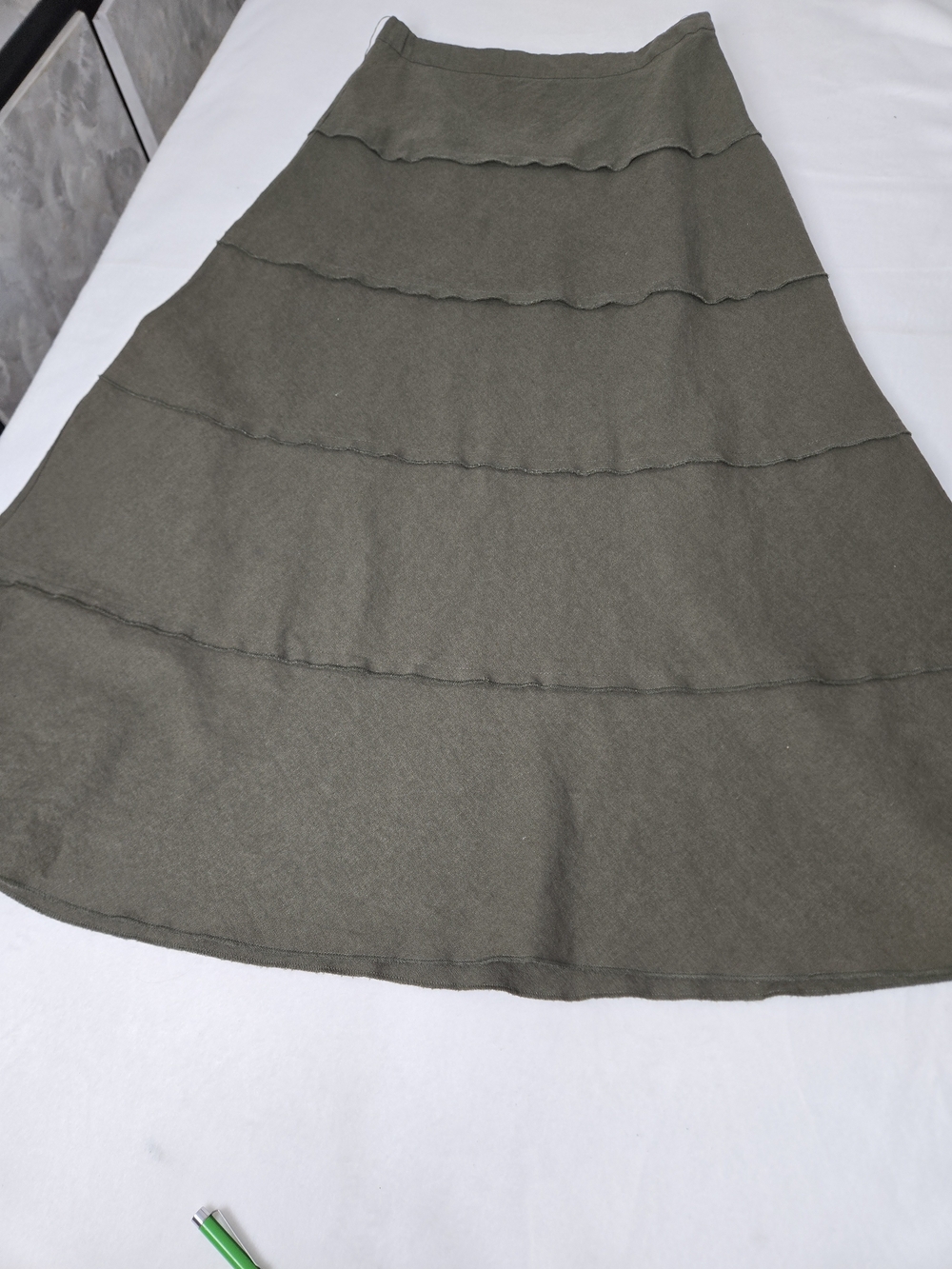 Olive Linen Tiered A-Line Midi Skirt, Sift Flowing Panels